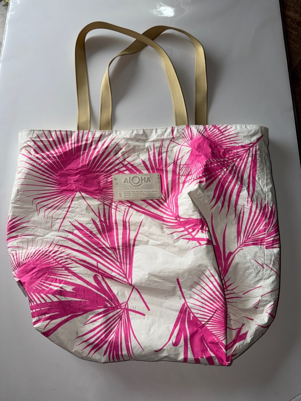 ALOHA Collection Hot Pink Palm Print Cream Tote with Tan Straps